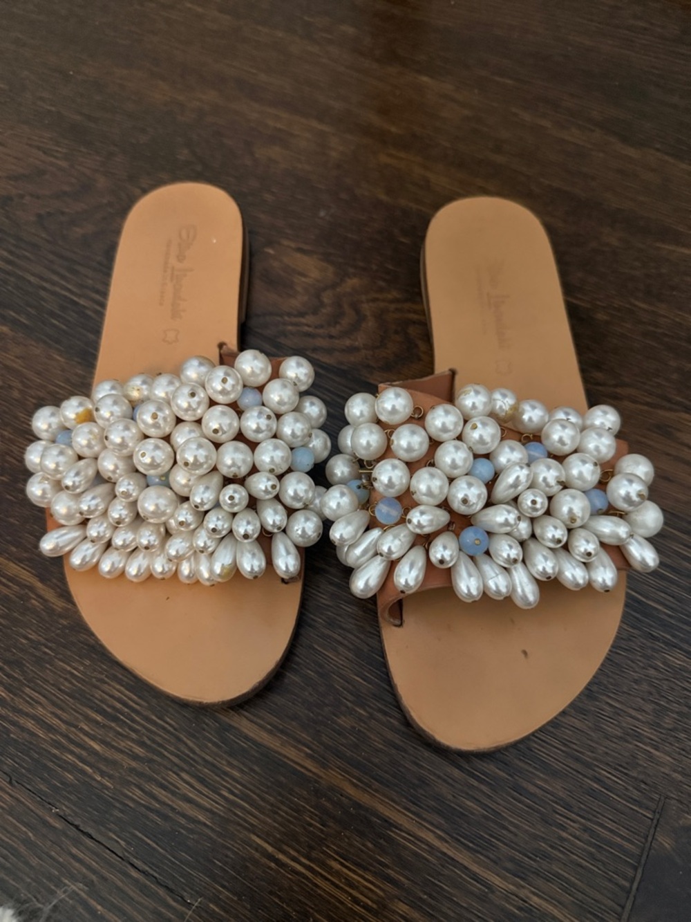 Pearl-Cluster Tan Slide Sandals